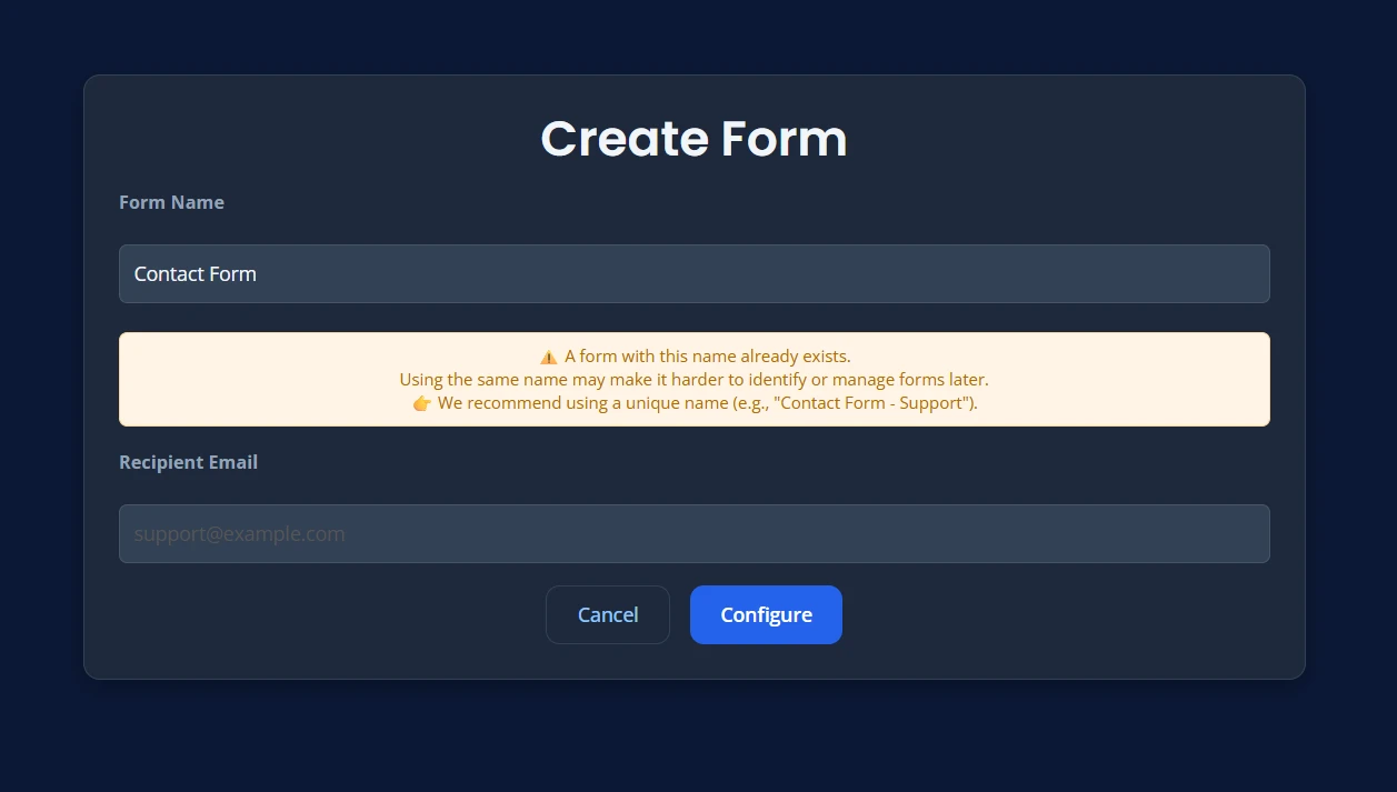 Form name warning or error example