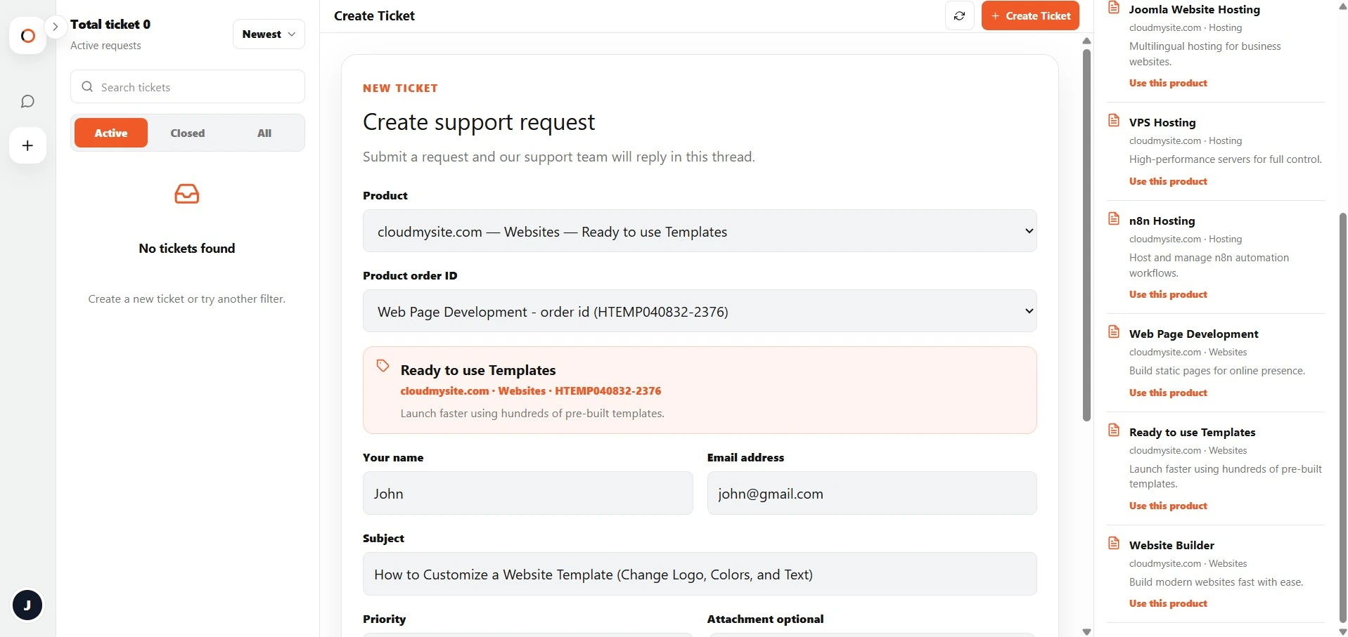 Filled Create Ticket form
