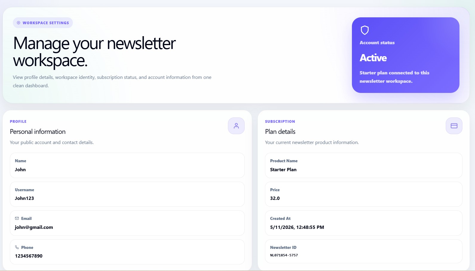 Settings Dashboard
